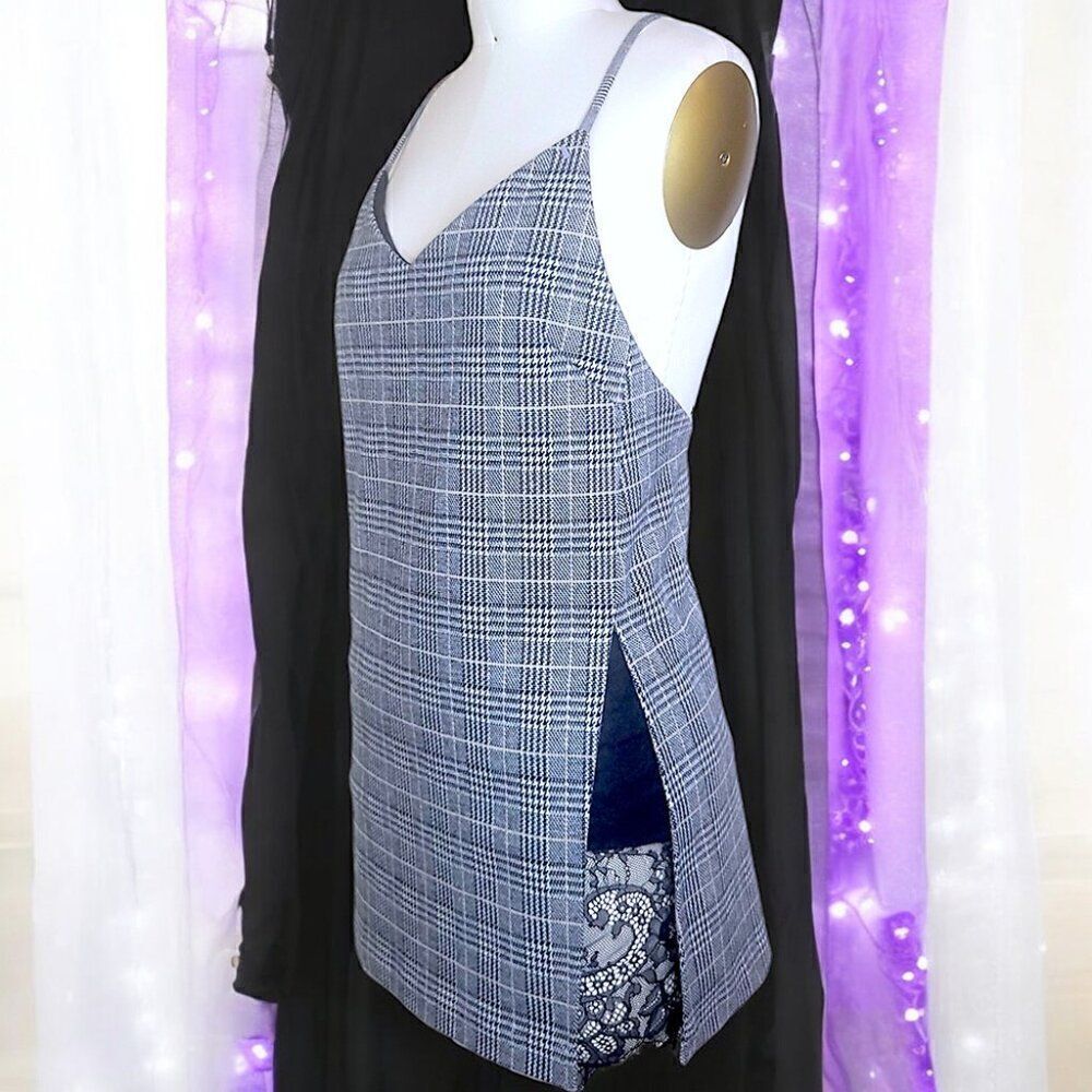 Sexy gray Prince of Wales plaid black lace short dress